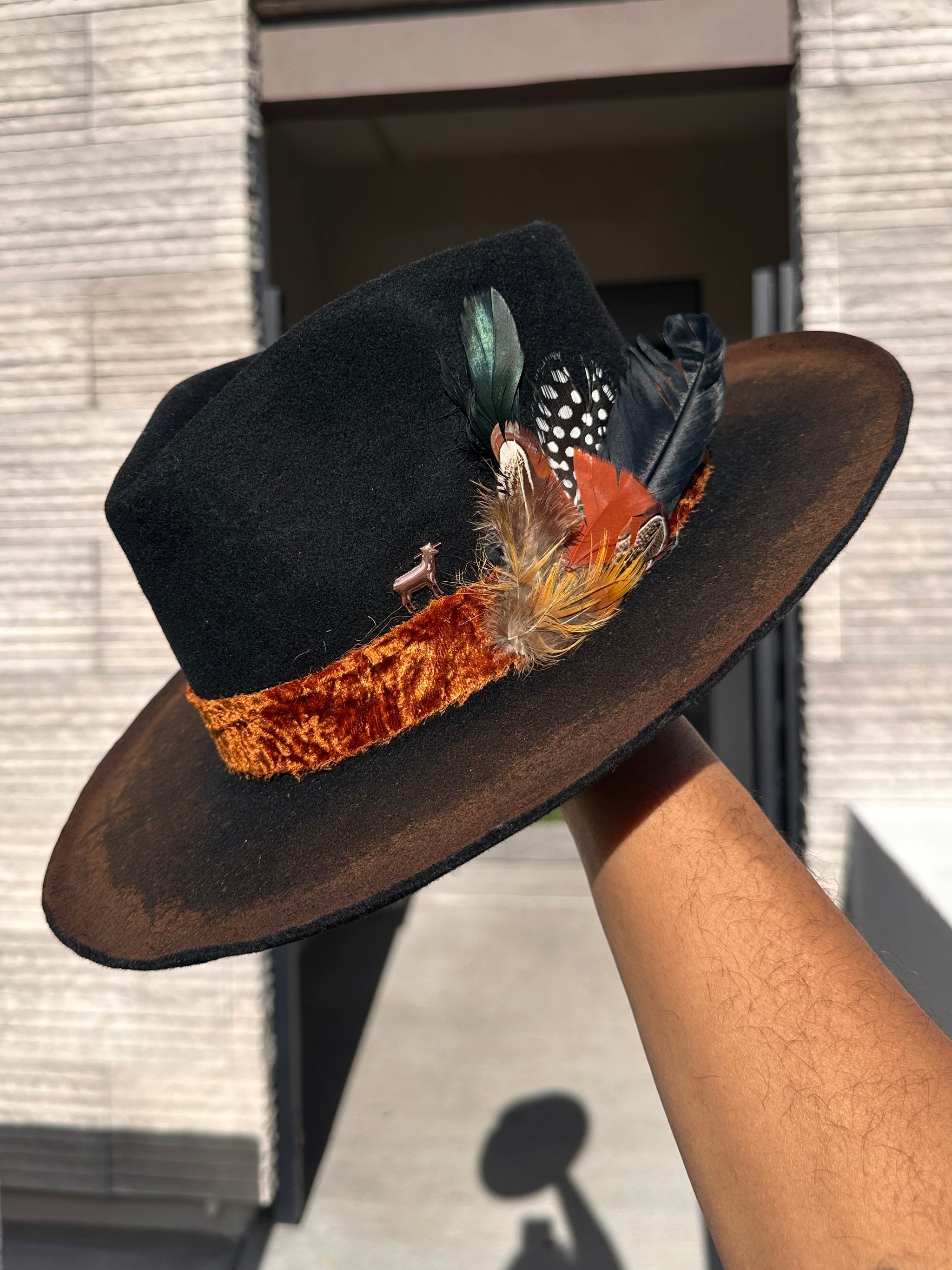 Stephen Anne Custom Black Velvet Straw Hat Wide Brim Gold Tassel Trim Black on black Cavalry style hat! This hat looks killer with  main image 4